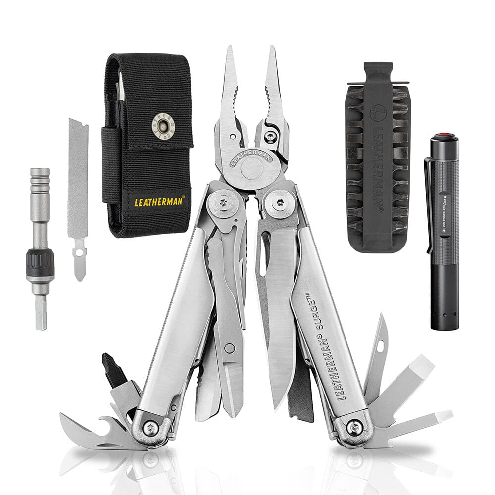 Kit de SURGE Plata Leatherman con Linterna P2R Core Ledlenser y Matraca Leatherman Leatherman México