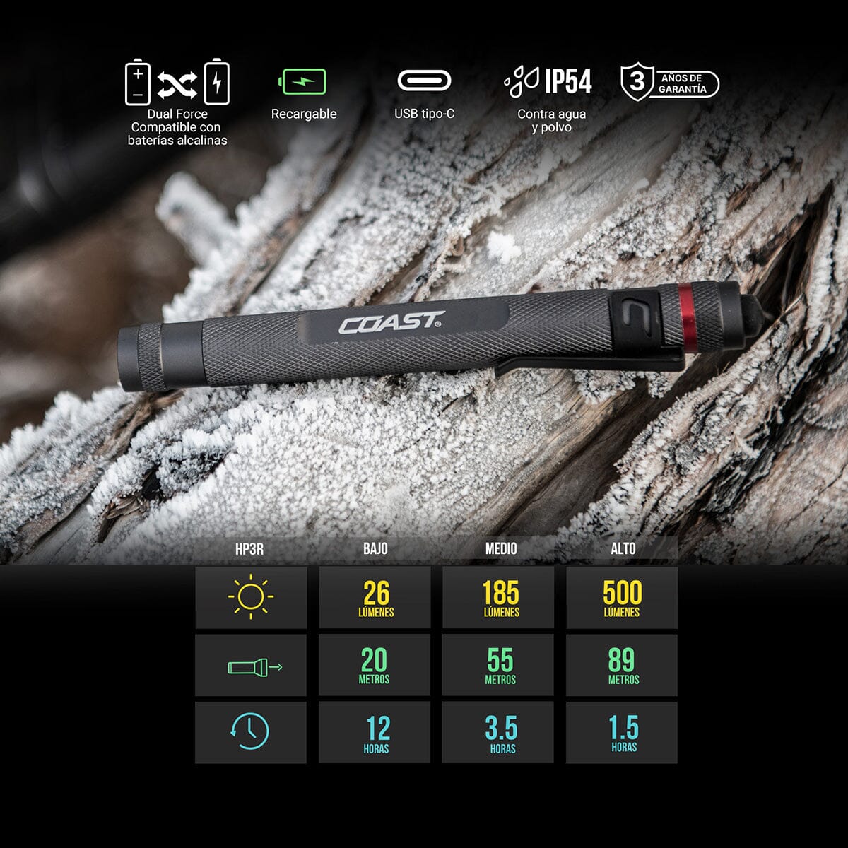 Linterna Dual de Mano HP3R Negra Coast Coast