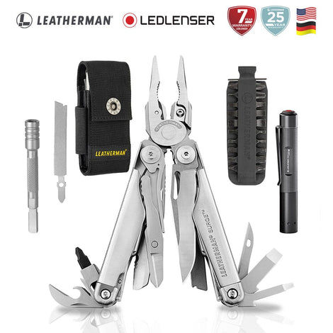 Kit de Multiherramienta SURGE Plata Leatherman con Linterna P2R Core Ledlenser Leatherman