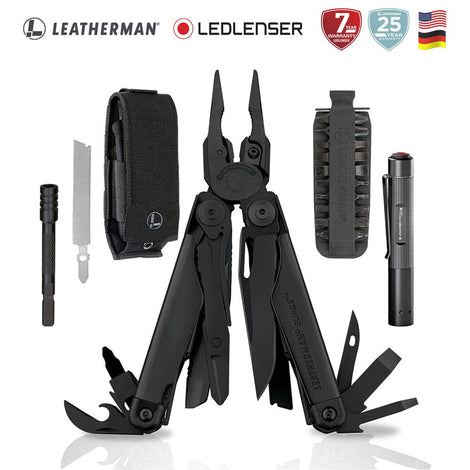 Kit de Multiherramienta SURGE Negra Leatherman con Linterna P2R Core Ledlenser Leatherman