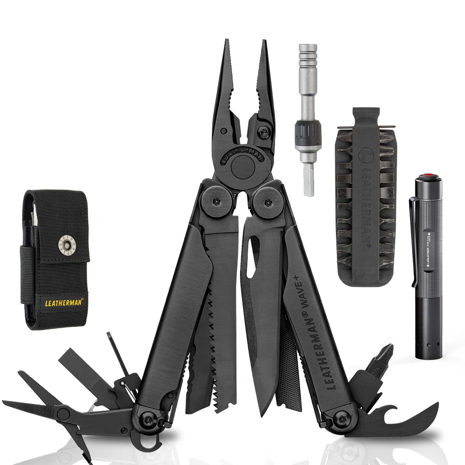 Kit de WAVE+ Negra Leatherman con Linterna P2R Core Ledlenser y Matraca Leatherman Leatherman