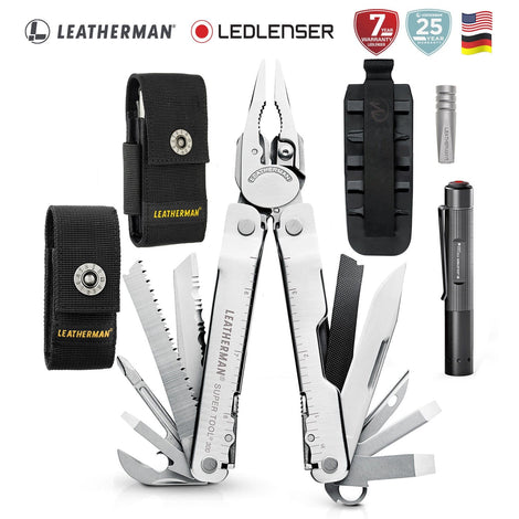 Kit de Multiherramienta SUPER TOOL 300 Plata Leatherman con Linterna P2R Core Ledlenser Leatherman