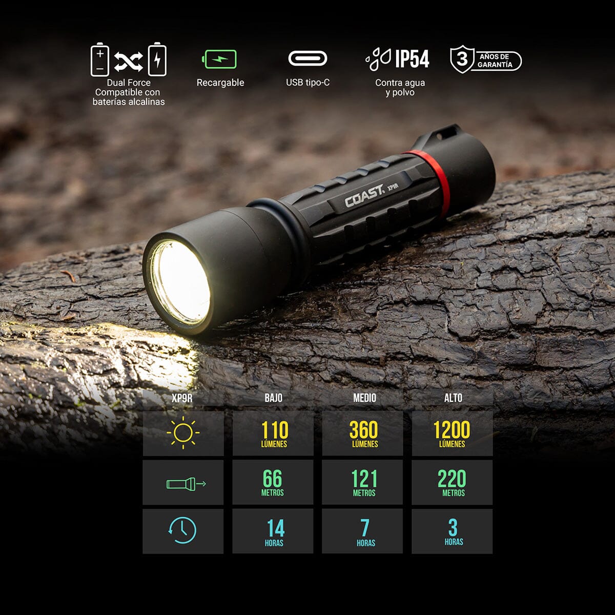 Linterna Dual de Mano XP9R Negra Coast Coast 