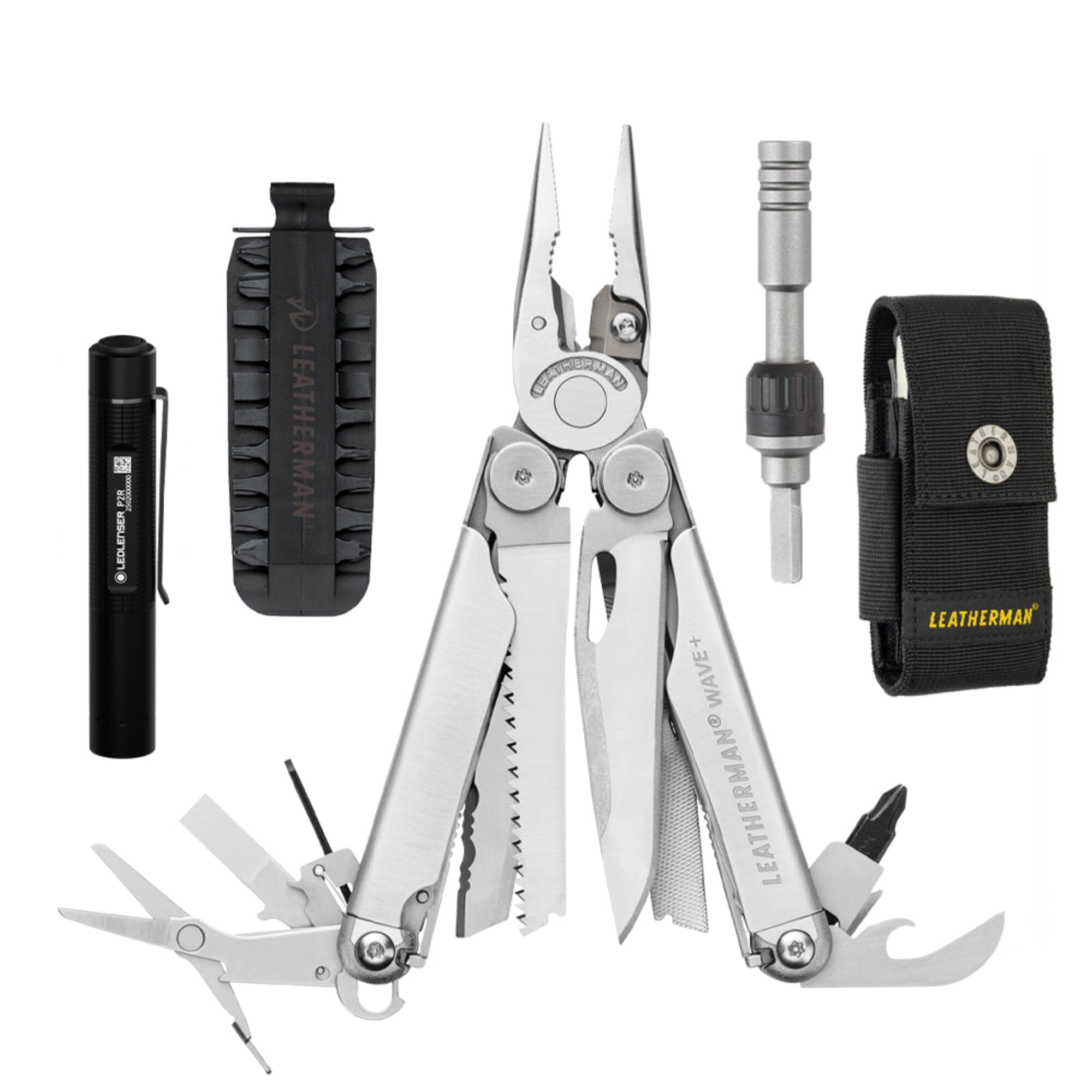 Kit de WAVE+ Plata Leatherman con Linterna P2R Ledlenser y Matraca Leatherman Leatherman Plata 