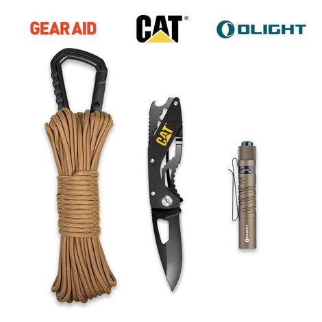 Kit de Navaja CAT, Cuerda Paracord Gear Aid y Linterna de Bolsillo Olight Kit Caterpillar, Gear Aid, Olight 