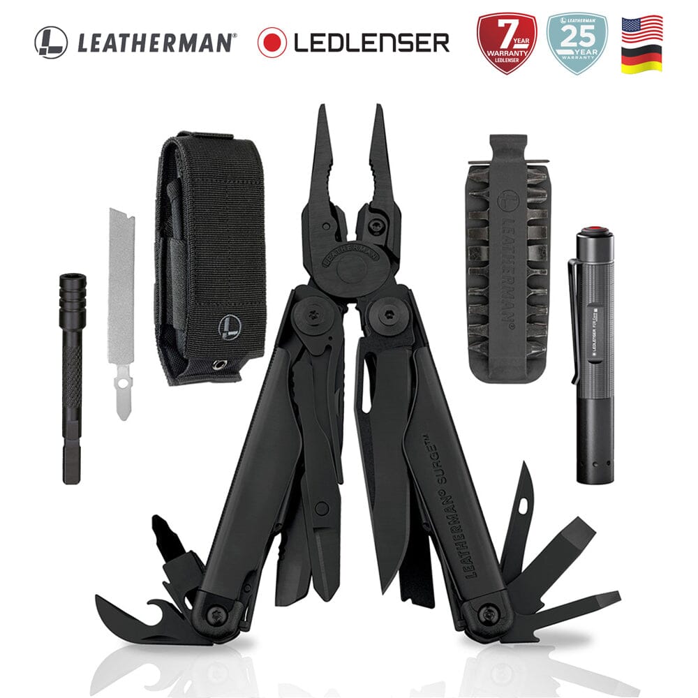 Kit de Multiherramienta SURGE Negra Leatherman con Linterna P2R Core Ledlenser Leatherman 