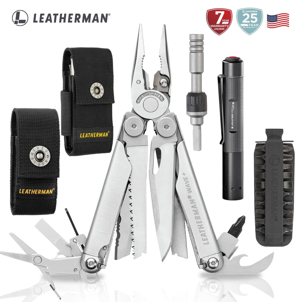 Kit de WAVE+ Plata Leatherman con Linterna P2R Core Ledlenser y Matraca Leatherman Leatherman 