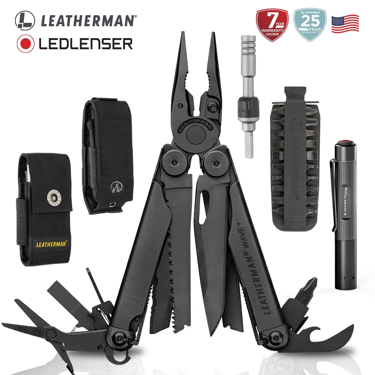 Kit de WAVE+ Negra Leatherman con Linterna P2R Core Ledlenser y Matraca Leatherman Leatherman 