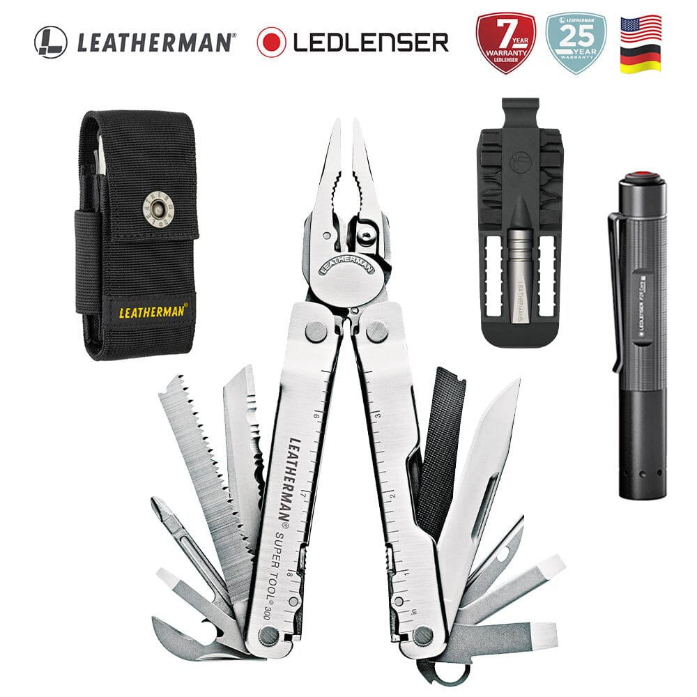 Kit de Multiherramienta SUPER TOOL 300 Plata Leatherman con Linterna P2R Core Ledlenser Leatherman 