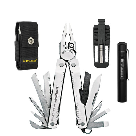 Kit SUPER TOOL 300 Leatherman con Linterna P2R Core Ledlenser Leatherman Plata 