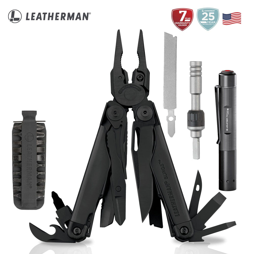 Kit de SURGE Negra Leatherman con Linterna P2R Core Ledlenser y Matraca Leatherman Leatherman 