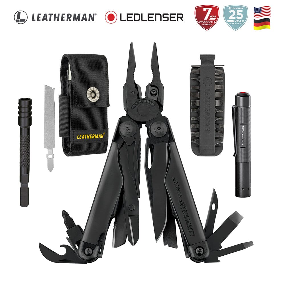 Kit de Multiherramienta SURGE Negra Leatherman con Linterna P2R Core Ledlenser Leatherman 