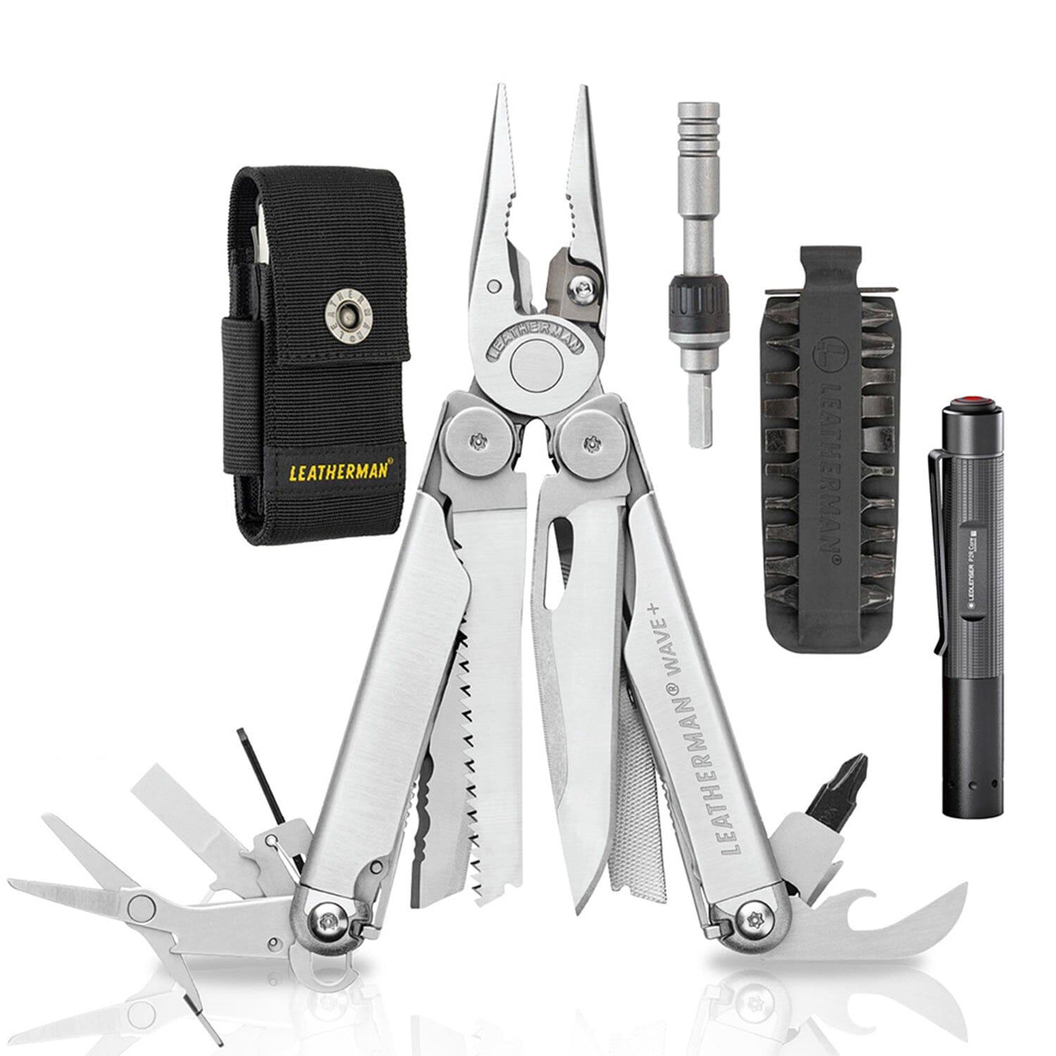 Kit de Multiherramienta WAVE+ Plata Leatherman con Linterna P2R Core Ledlenser Leatherman 