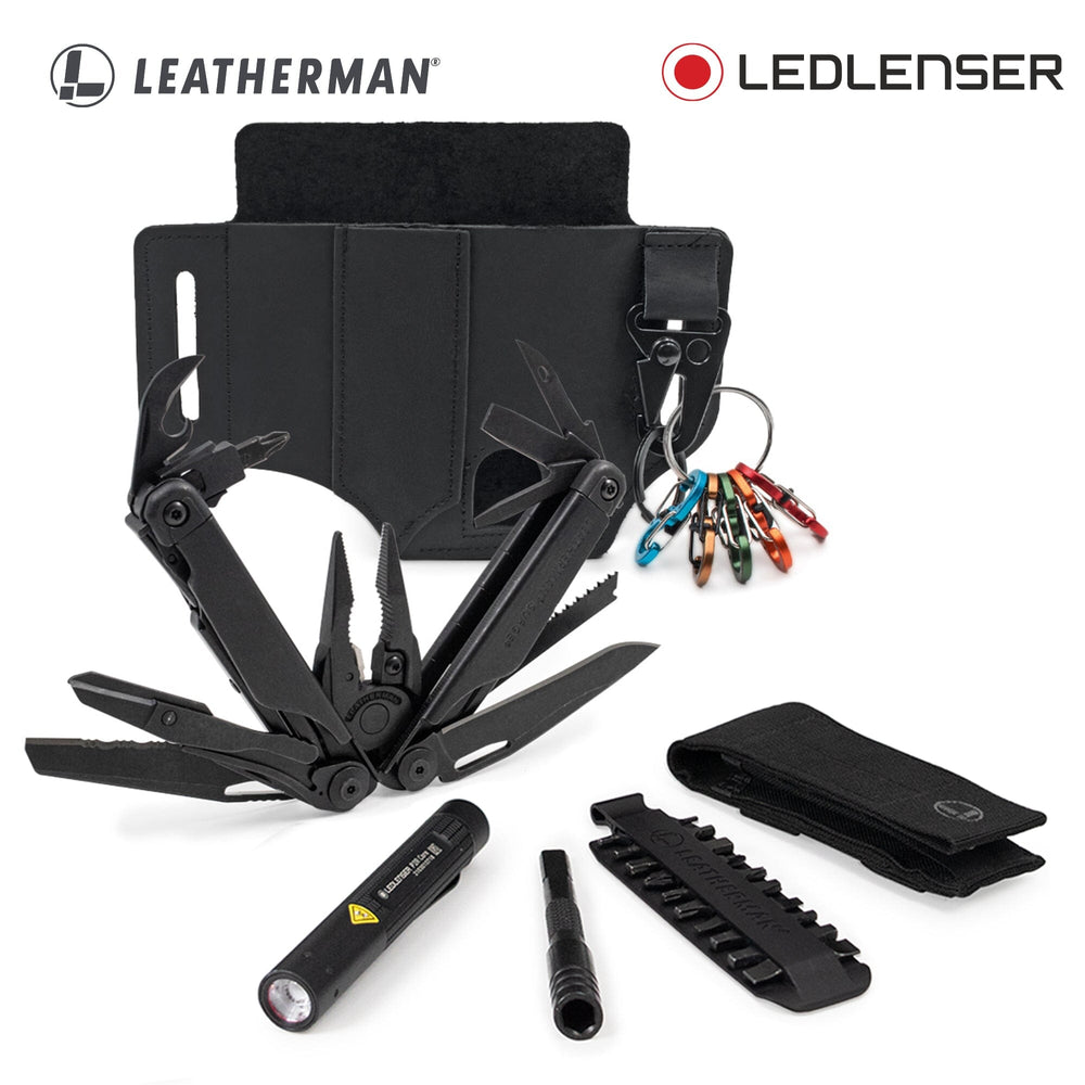 Kit SURGE Negra Leatherman y Linterna P2R CORE Ledlenser y Funda EDC Kit Toho Outdoor 