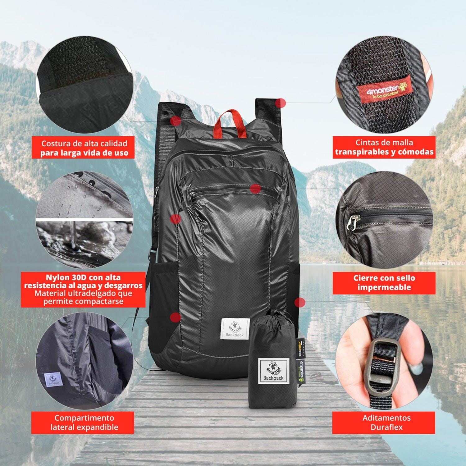 Mochila de Nylon Ultra Ligera Negro 4Monster Mochila 4Monster 