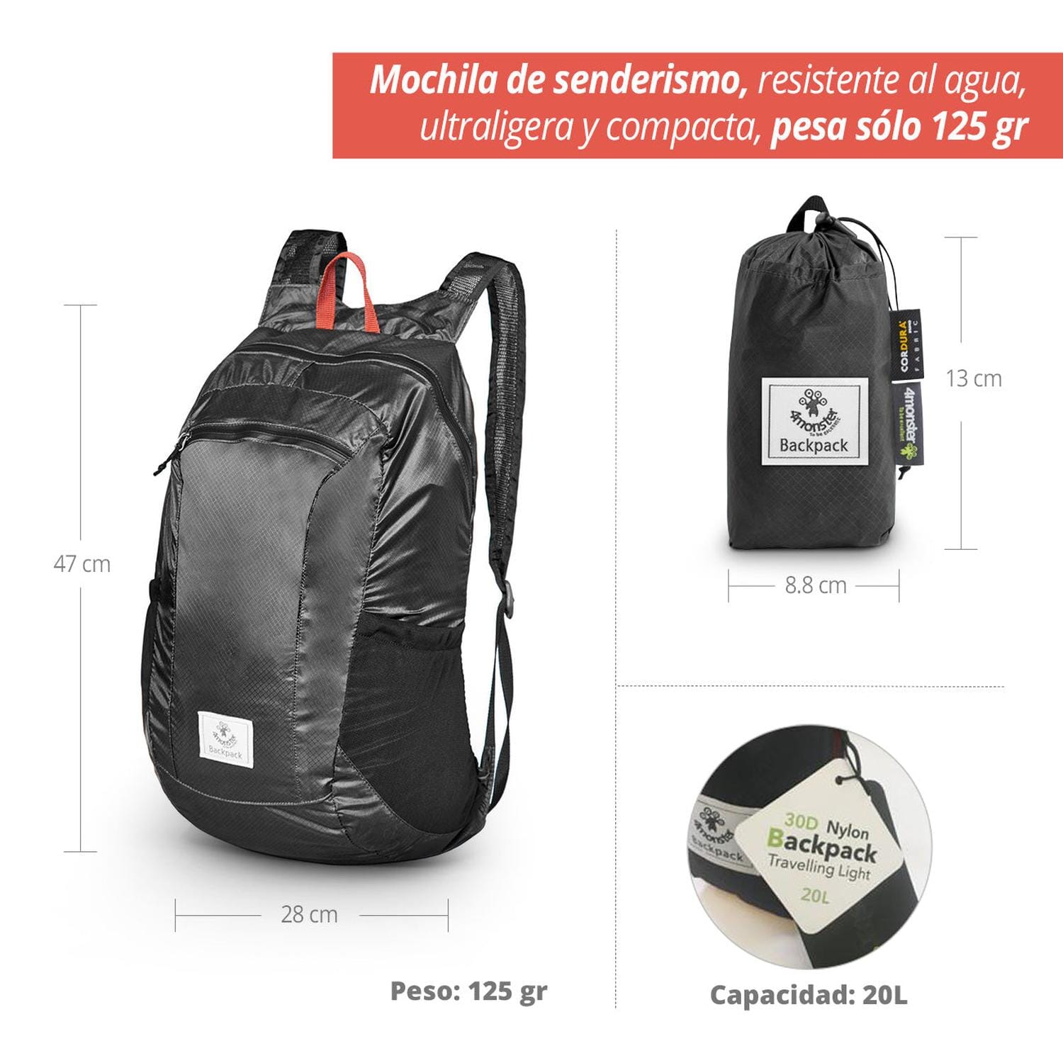 Mochila de Nylon Ultra Ligera Negro 4Monster Mochila 4Monster 